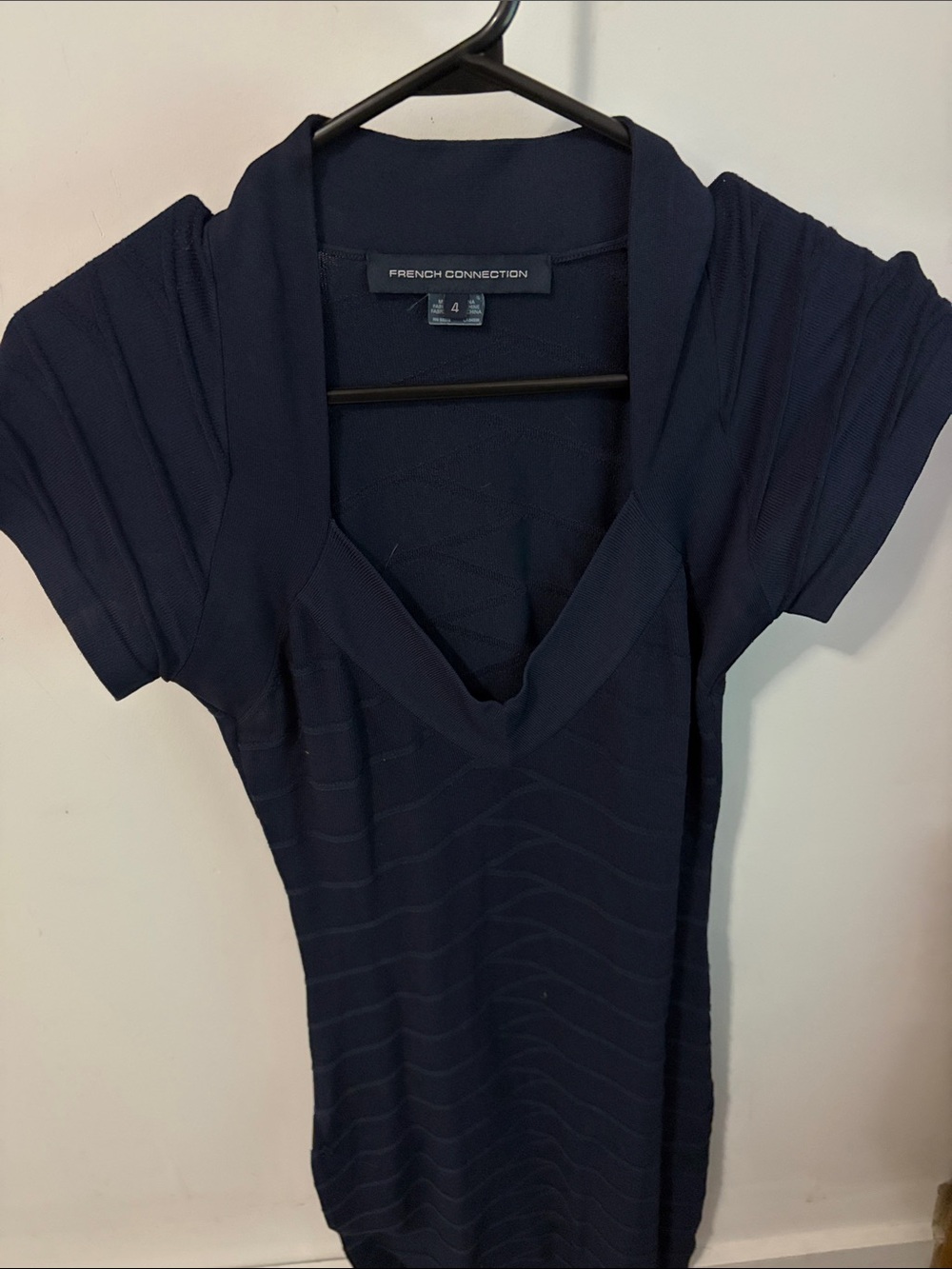 French Connection Navy Ribbed V-Neck Short Sleeve Top